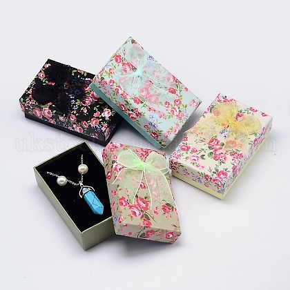 Rectangle with Flower Pattern Cardboard Jewelry Set Boxes UK-CBOX-M001-27-K-1
