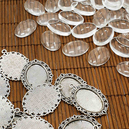 DIY Tibetan Style Pendant Cabochon Settings and Oval Transparent Clear Glass Cabochons UK-TIBEP-MSMC021-38AS-NR-1