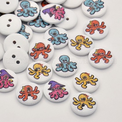 Flat Round 2-Hole Octopus Printed Wooden Buttons UK-BUTT-P010-51A-1