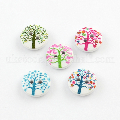 2-Hole Tree Pattern Printed Wooden Buttons UK-BUTT-R033-013-1
