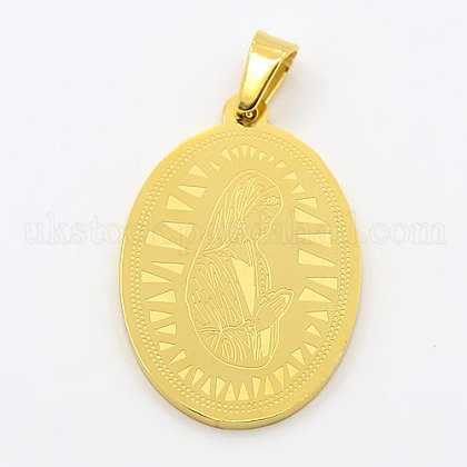 Holy Necklace Findings Flat Oval with Virgin Mary 304 Stainless Steel Pendants UK-STAS-L012-A05G-K-1