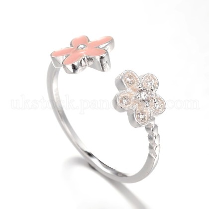925 Sterling Silver Enamel Flower Cuff Finger Ring UK-RJEW-L063-01S-K-1