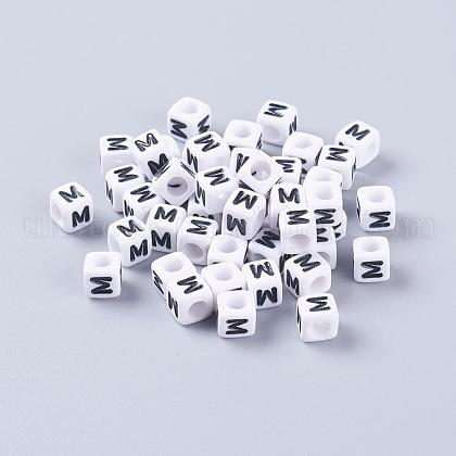 White Letter M Acrylic Cube Beads UK-X-PL37C9308-M-1