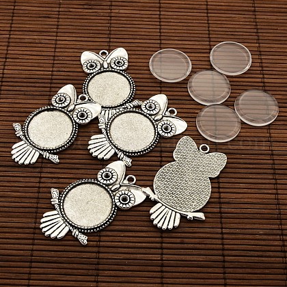 25x4.5mm Dome Transparent Glass Cabochons and Antique Silver Owl Alloy Pendant Cabochon Settings for DIY UK-DIY-X0182-AS-NR-1