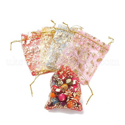 Gold Stamping Rose Flower Rectangle Organza Gift Bags UK-OP-L006B-01-1