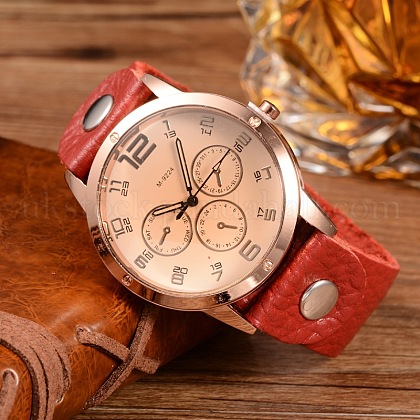 Men's Leather Rose Gold Tone Alloy Wrist Watches UK-WACH-O005-18B-K-1