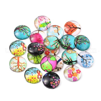 Tree of Life Printed Half Round/Dome Glass Cabochons UK-GGLA-A002-12mm-GG-1