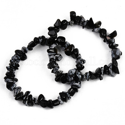 Unisex Chip Natural Snowflake Obsidian Beaded Stretch Bracelets UK-BJEW-S143-28-1