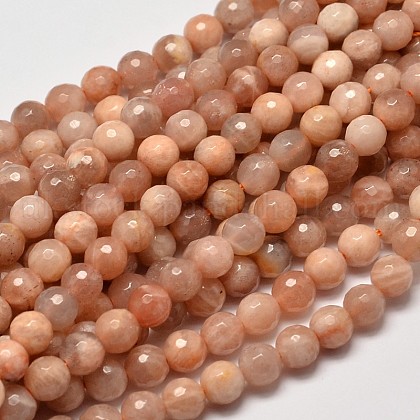 Faceted Round Natural Sunstone Beads Strands UK-G-I176-10-8mm-K-1