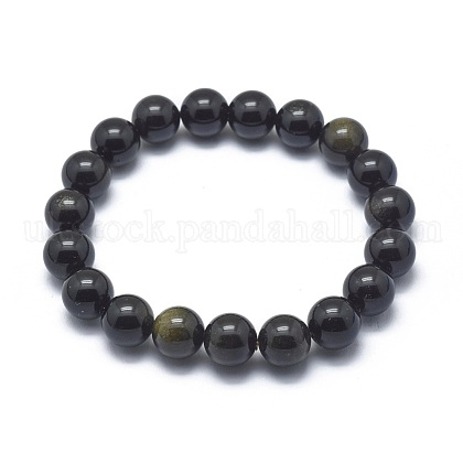 Natural Golden Sheen Obsidian Bead Stretch Bracelets UK-BJEW-K212-C-020-1