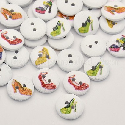 Flat Round with High-heeled Shoes Dyed 2-Hole Printed Wooden Buttons UK-BUTT-P010-19-1